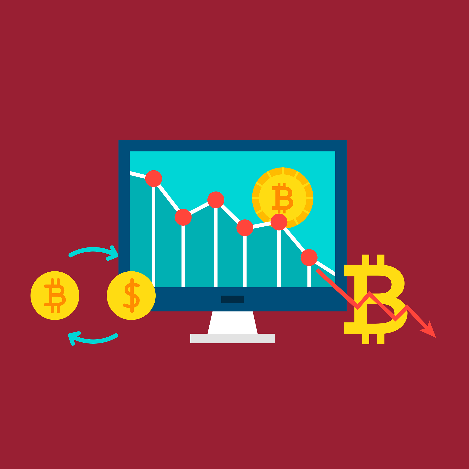 Flat illustration of a monitor showing a Bitcoin price chart with coins and exchange arrows