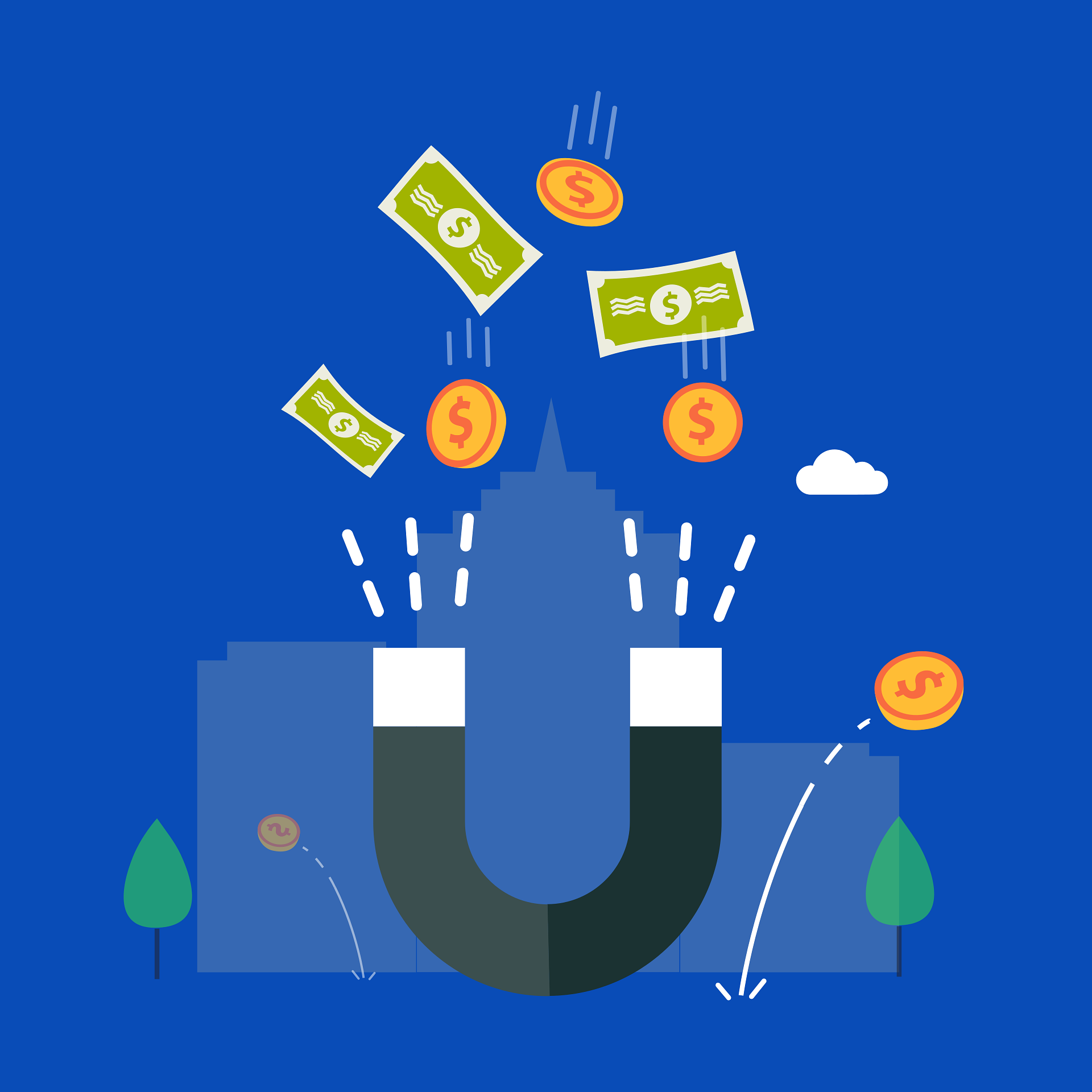 Illustration of a magnet drawing in banknotes and coins against a blue background