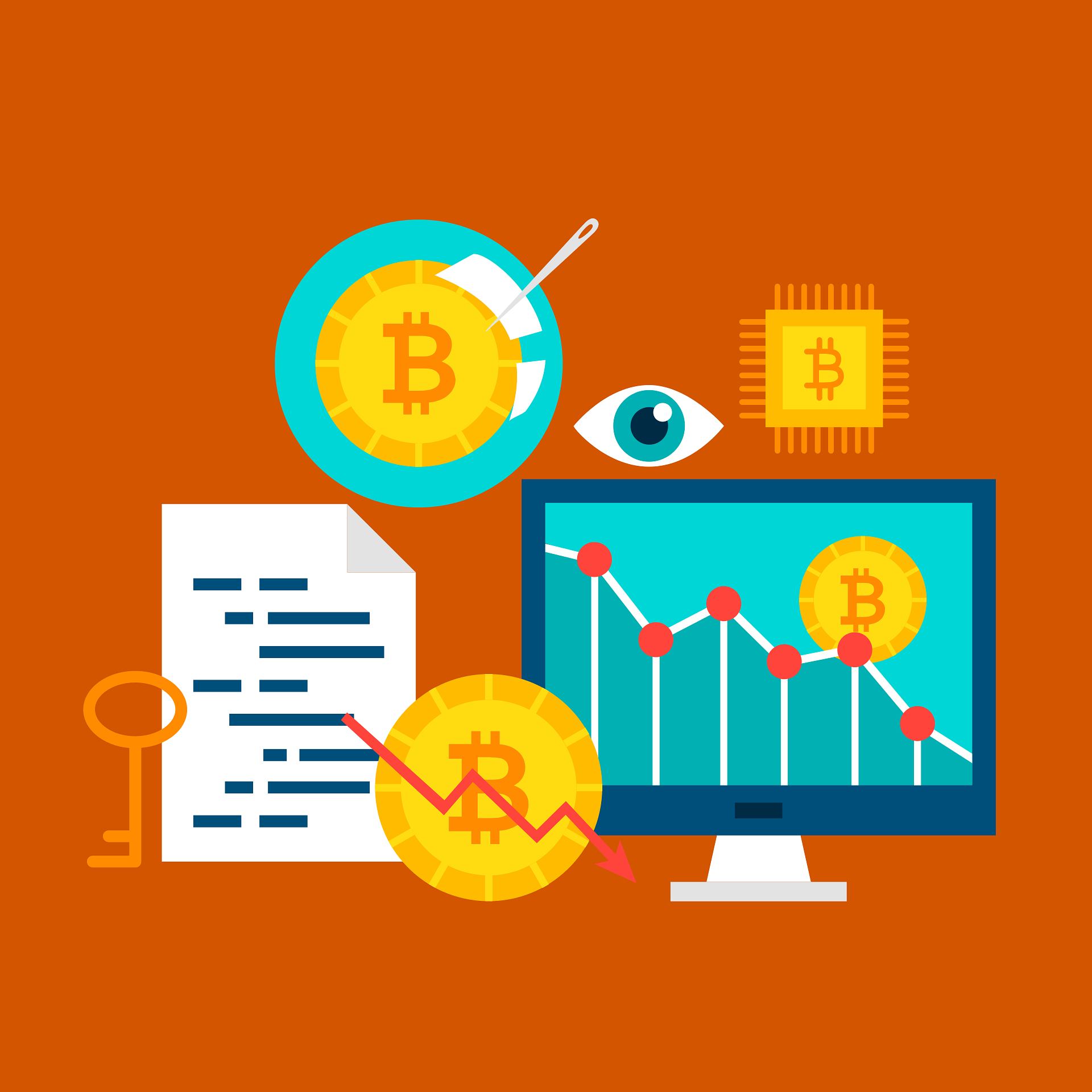 Flat illustration of crypto analytics with documents, a chart and a monitoring eye