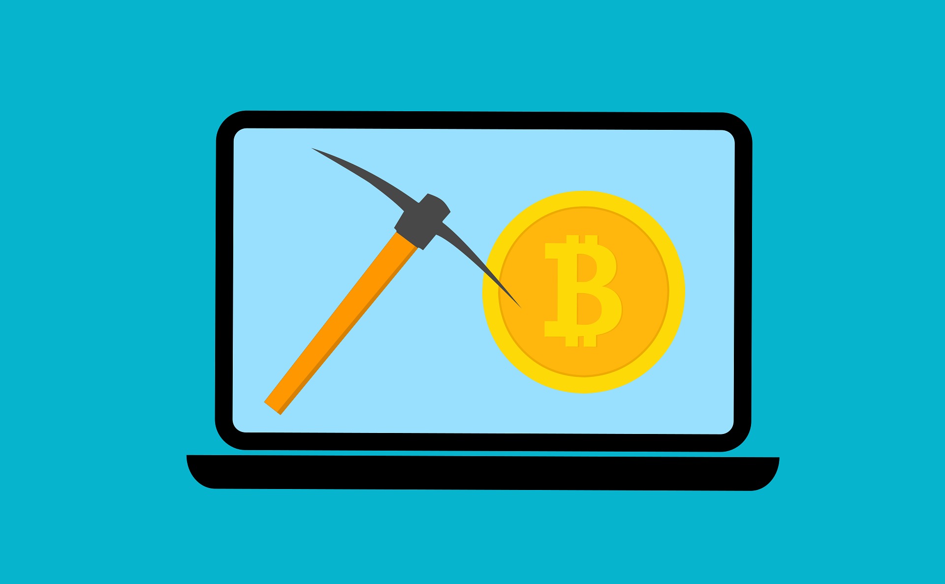 Flat illustration of a laptop displaying a pickaxe and Bitcoin symbol, representing Bitcoin mining and yield