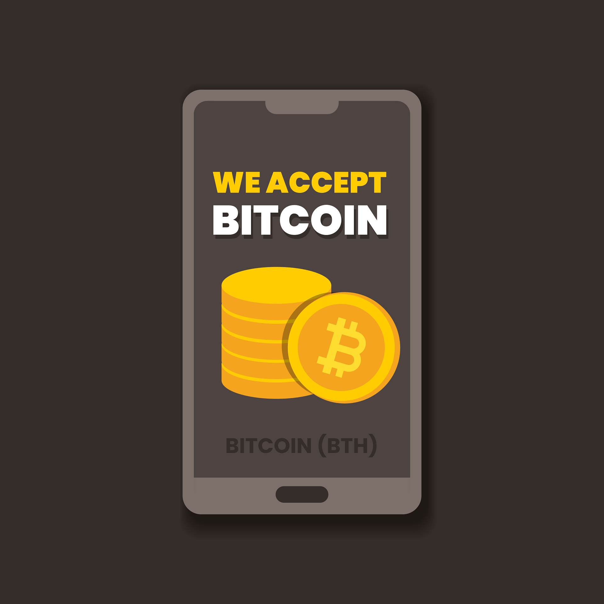 Illustration of a phone screen reading We Accept Bitcoin above a stack of gold coins