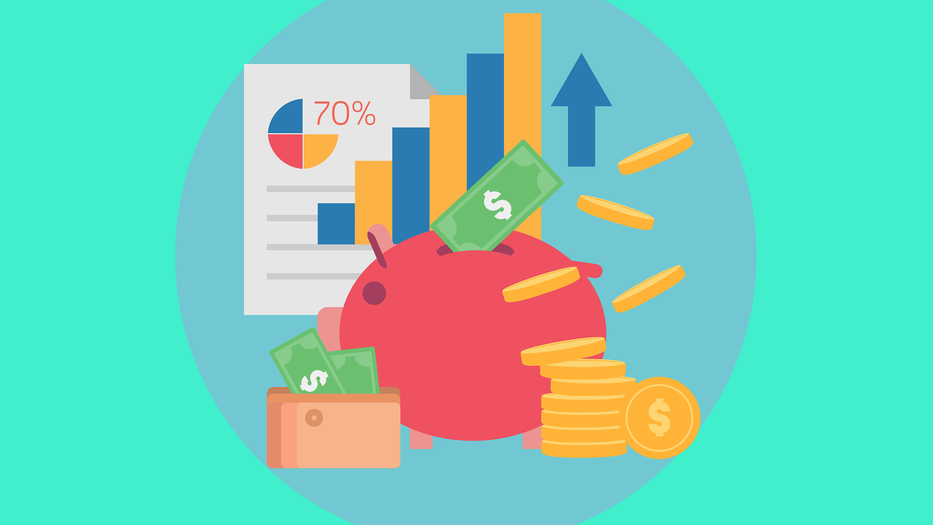 Illustration of a piggy bank surrounded by growth charts, banknotes and coins